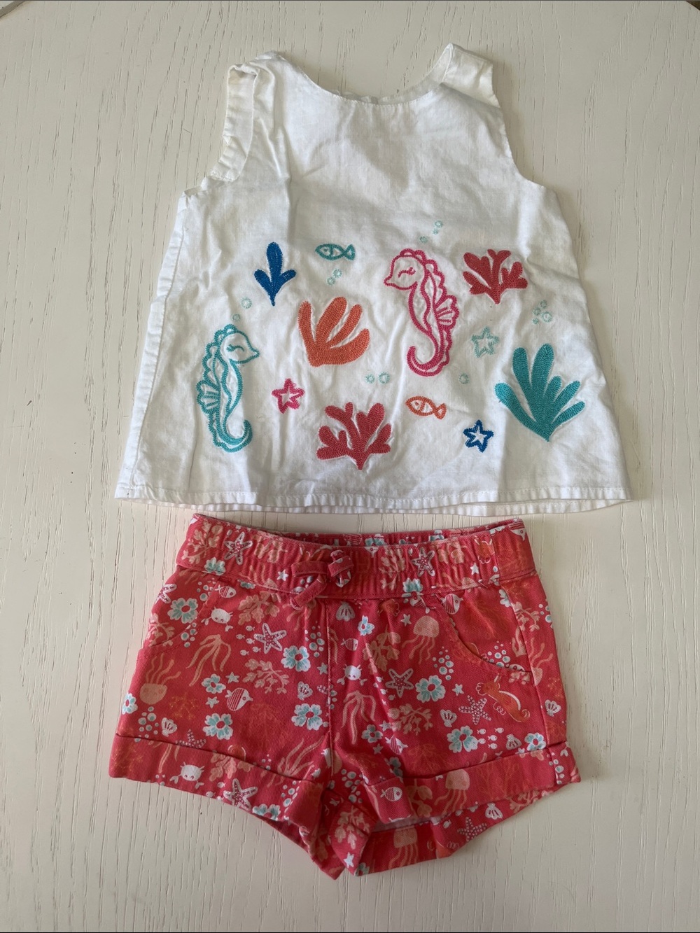 Gymboree White Tank with Teal Coral Embroidery & Coral Patterned Shorts